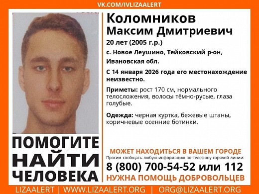 В Ивановской области разыскивают пропавшего 14 января Максима Коломникова